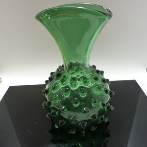 VINTAGE MCM GREEN  Hobnail Art Glass Flower Vase 7" Tall Vntg Mid-Century Modern